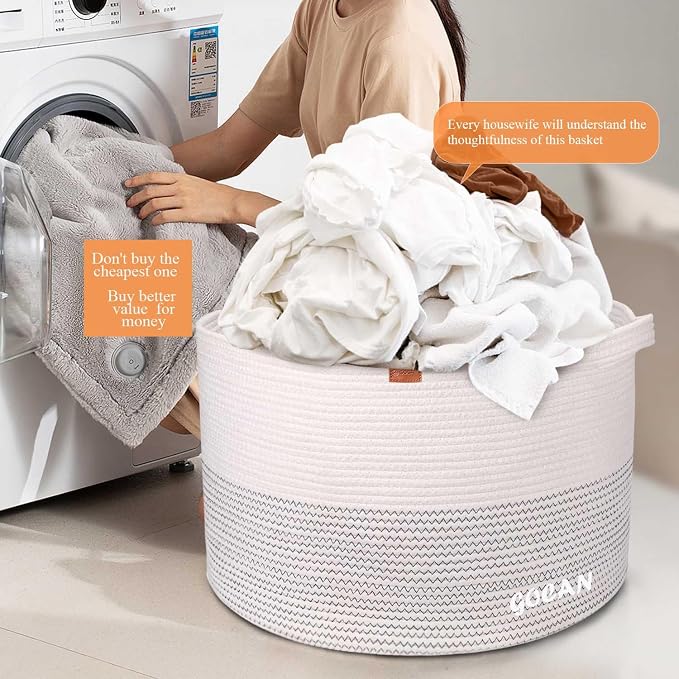 GOCAN Extra Large Laundry Basket 22" X 22"X 14" XXXL Cotton Rope Woven Basket for Blankets Storage Basket with Handles for Living Room (Beige)