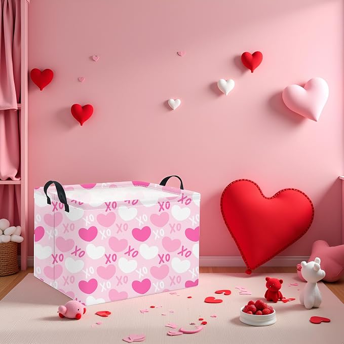 Rectangular Valentines Basket for Home Kitchen Girls Cute Kids Storage Bin Organizer Shelf Book Room Decor(XO Heart)