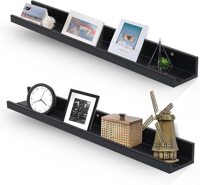 Muzilife 35.4" Large Floating Shelves Wood Wall Shelf with Lip, 2Pcs, Black | FSC-Certified Wood | 20 lbs Capacity | Space-Saving | Hanging Shelf | Wall Decor| Bedroom,Living Room,Bathroom,Kitchen,Office