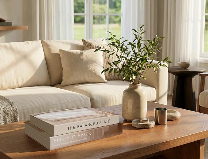 Decorative Books for Neutral Home, Fake Books Storage Boxes for Decoration | Set of 2 Coffee Table Books with Hidden Storage, Stackable Photo Storage Keepsake Box for Living Room Bookshelf Decor, Beige