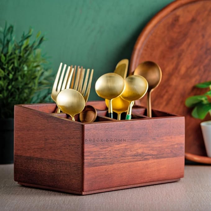 Brick Brown Premium Handcrafted Wooden Spoon stand for kitchen | cutlery holder for dining table | wooden caddy storage organiser stand with 5 section Mahogany Finish(8.75x6x4.5 inch)