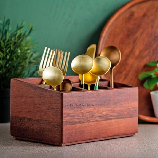 Brick Brown Premium Handcrafted Wooden Spoon stand for kitchen | cutlery holder for dining table | wooden caddy storage organiser stand with 5 section Mahogany Finish(8.75x6x4.5 inch)