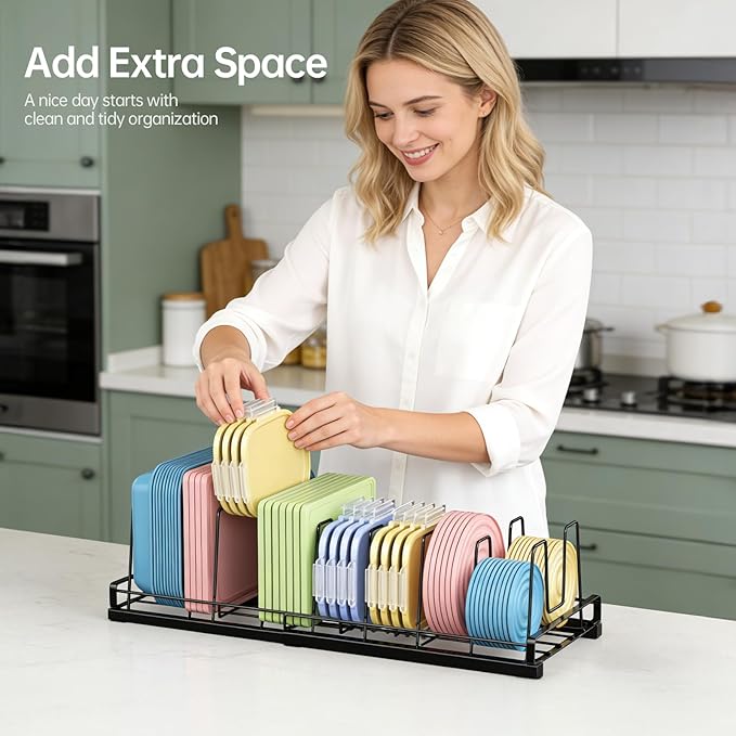 Expandable Food Container Lid Organizer(13"-21") with 9 Adjustable Dividers | Metal, Large Capacity Detachable Lid Organizer Rack, Pads Prevent Sliding for Kitchen Cabinet,Cupboard,Pantry Shelves,Drawer
