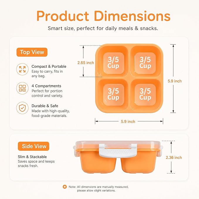 EONJOE 4-Pack Small Snackle Box With snap lock lid,Dishwasher Safe | 4-Compartment,BPA free,Food Grade PP5 Plastic, Airtight Lid,On-the-Go,