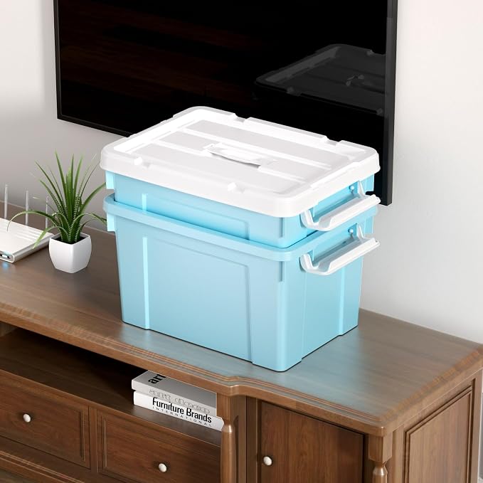 Cetomo Lidded Storage Bin with Handle, Tote Organizing Container with Durable Lid and Secure Latching Buckles, Stackable and Nestable, Plastic, 25 Quart-3 Pack, Blue