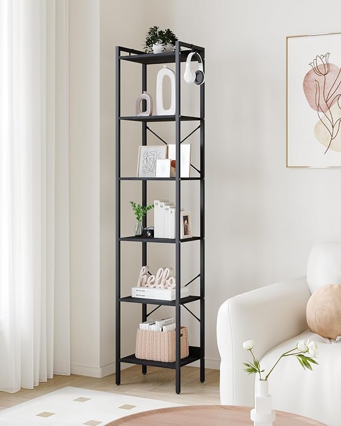 Hzuaneri Bookshelf, Book Shelf, Industrial Bookcase with 2 Hooks, Coner Shelf Storage Organizer for Home Office, Living Room, Bedroom, Kitchen, 6-Tier Black BC10704B