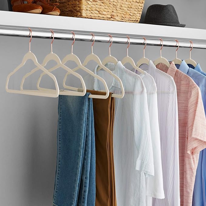 VECELO Premium Velvet Clothes Hangers Suit Heavy Duty (50 Pack)-Non Slip & Space-Saving with 6 Finger Clips & Tie Rack Excellent for Men and Women,Light Beige