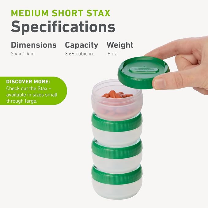 humangear STAX, Stackable Snack Containers - Leak-Proof Snack Travel System - FDA-Food Safe, BPA/PC/Phthalate-Free - Stackable & Click-Together Food Storage, Medium Short 12-Pack, Clear/Forest Green