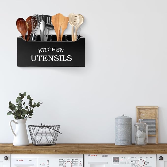Utensil Holder for Kitchen Counter, Wood Extra Large 4 Compartments Kitchen Utensil Holder with Drainage Bottom for Countertop, Farmhouse Cooking Tools Organizer for Spatula, Black