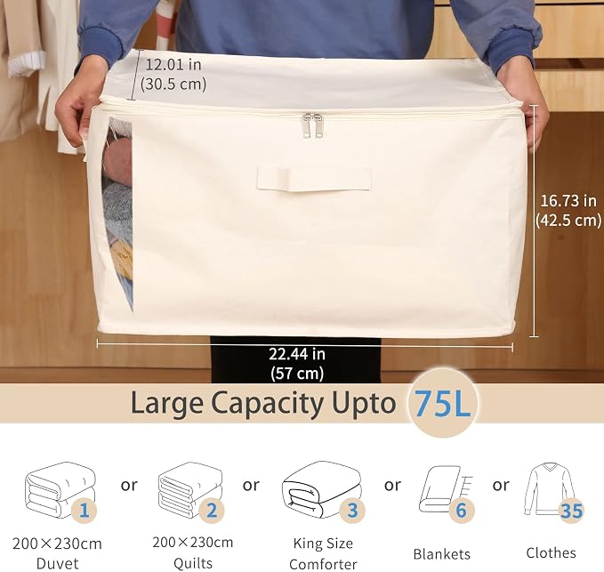 Canvas Comforters Bags Closet Organizers and Storage for Quilts Clothes Organization Containers Bins with Sturdy Zipper, Clear Window 75L for Sweaters Blankets Storage Bedroom Collapsible