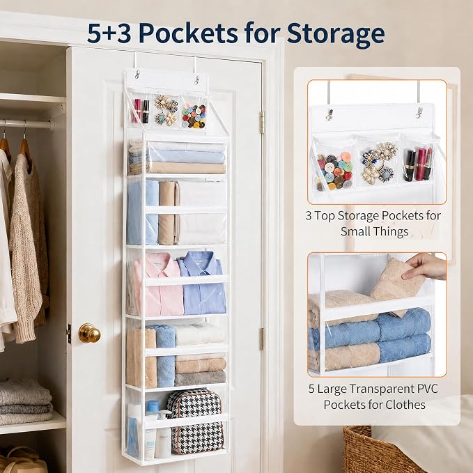 Yecaye 6 Tier Clear Over the Door Organizer, 5 Large PVC Pockets Door Hanger Organizer, 44lbs Capacity Closet Storage for Clothes Stuffed Animals and Cosmetics, Bathroom Bedroom Nursery Dorm RV, White