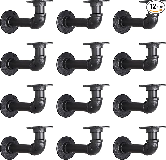 Industrial L Pipe Shelf Brackets for 8-16 in Depth Wood Heavy-Duty 3/4" Iron,Wall Mount Floating Shelf Bracket L Metal Pipe Shelving Brackets for Wood-Black DIY Pipe Shelves(7.5*3.1 Inch 12 Pack)