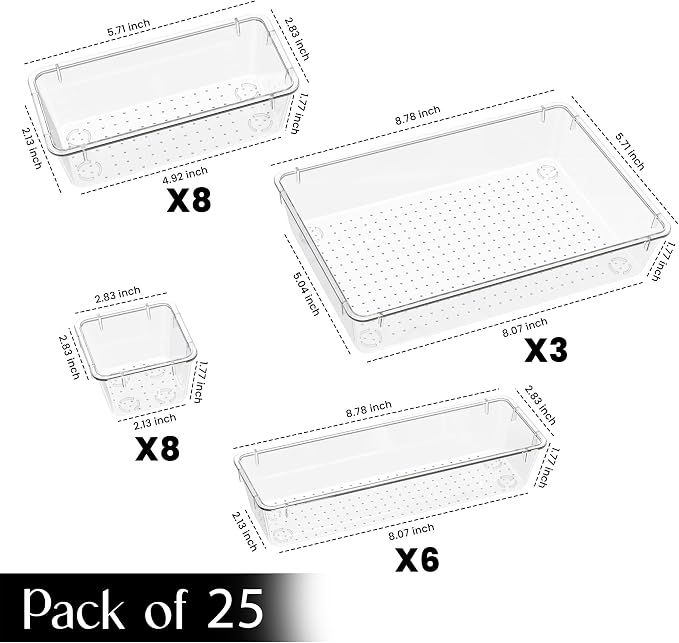 KICHLY 25-Piece Clear Drawer Organizer Set – Multi-Size Storage Trays | Bathroom, vanity, makeup, kitchen & office use | Caddy style | Desk organizer set