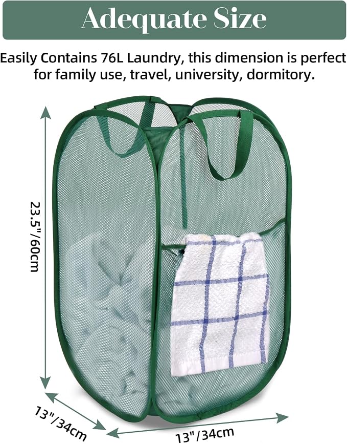 Durable Collapsible Laundry Baskets, Tear-resistant Pop Up Hamper for Laundry, Foldable Clothes Hamper with Reinforced Carry Handles Handy Pocket for Laundry Room, Bathroom, Dorm or Travel Emerald