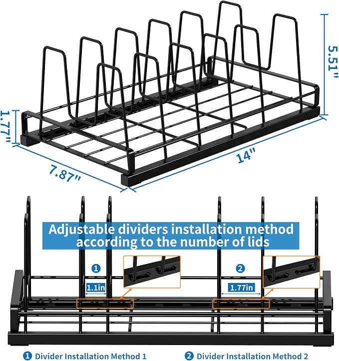 Food Container Lid Organizer, Adjustable 6 Dividers Full-Metal Pot and Pan Organizer Rack for Kitchen Cabinets, Drawers, Cupboards, Pantry Shelves Storage, Black