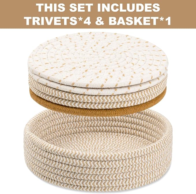 Trivets for Hot Dishes, Pots and Pans, Heat Resistant Hot Pads with Storage Basket, Pot Holders for Kitchen Countertop, Trivet Mats Home Essentials Farmhouse Decor (Brown 5 Pcs)