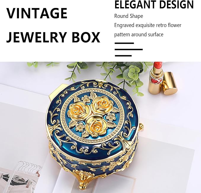 Hipiwe Vintage Jewelry Box Metal Keepsake Box Round Treasure Storage Case for Ring Earrings Necklace Holder Wedding Birthday Gift for Woman, Blue, 5.7" L x 5.1" W x 3.5" H