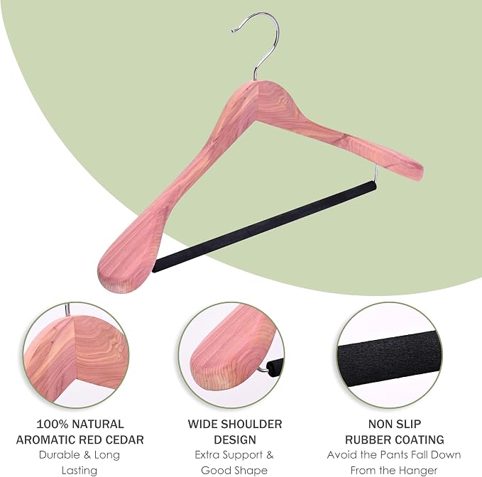 8 Pack Unfinished American Red Cedar Wooden Coat Suit Hangers with Extra Wide Shoulder, Wood Jacket Clothes Hanger with Non Slip Black Padded Pant Bar- 360°Flexible Hook, Natural