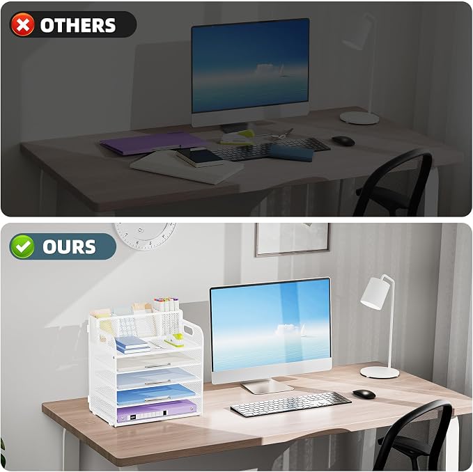 Marbrasse 5 Tier Paper Organizer Letter Tray, Mesh Desk File Organizer with Handle, Paper Sorter Desk Organizer for Home Office Supplies - White, with 3 Pen Holders