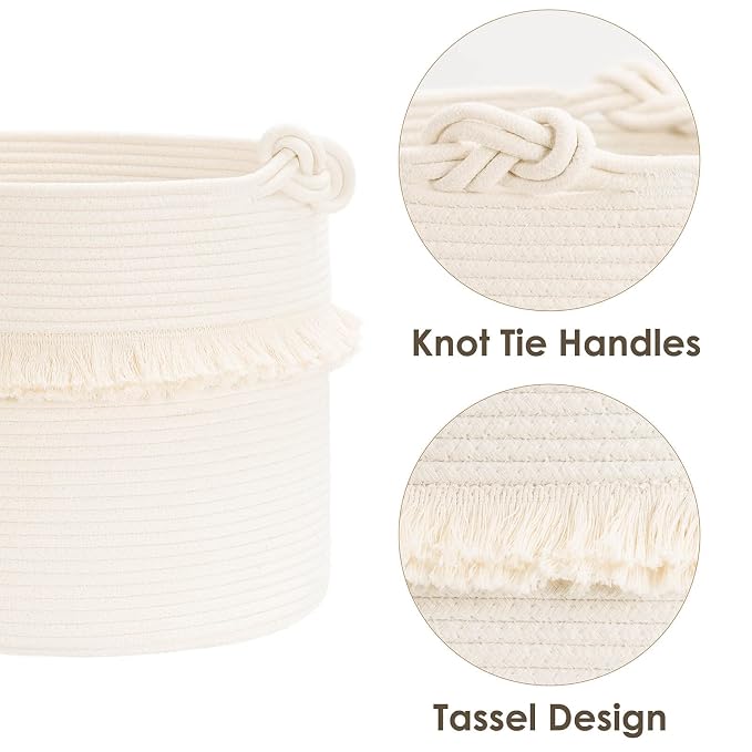 CherryNow Baby Laundry Basket, Cotton Rope Basket for Blankets & Toys, 45L | Compact Storage Basket for Organizing Bbay Clothes & Toys, Decorative Basket with Tassels, Perfect for Nursery Décor, White