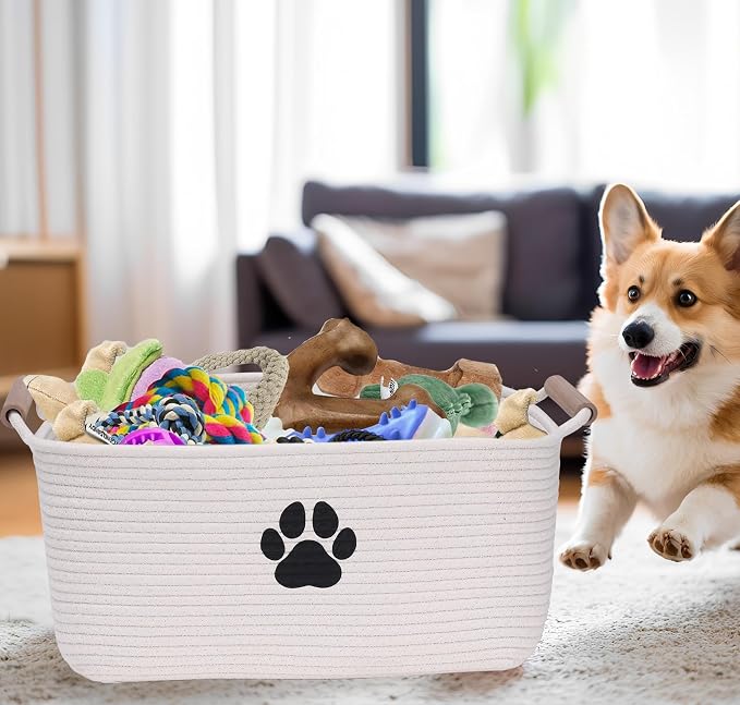 Geyecete dog toy basket Cotton Rope dog toy box with wood handle pet toy bin Blanket Storage Basket Decorative Clothes Hamper Basket Large Baskets