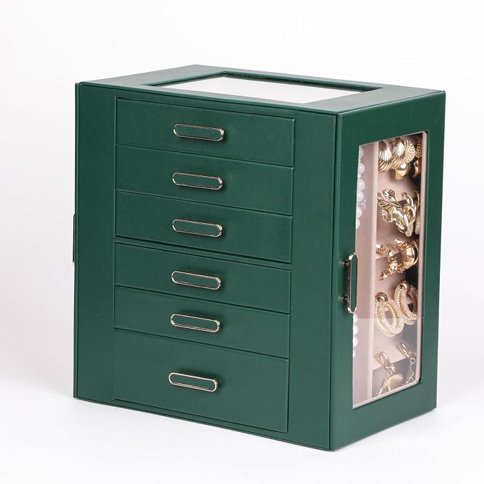 BOOVO Clear Lid Jewelry Box,3 Layers Jewelry Organizer Large Jewelry Storage Box with 2 Drawers,Jewelry Holder Organzier of Rings Earrings Necklace Bracelets for Women (Green, 6 Layer)