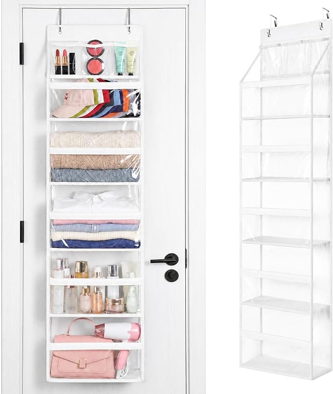 Yecaye 6 Tier Clear Over the Door Organizer, 5 Large PVC Pockets Door Hanger Organizer, 44lbs Capacity Closet Storage for Clothes Stuffed Animals and Cosmetics, Bathroom Bedroom Nursery Dorm RV, White