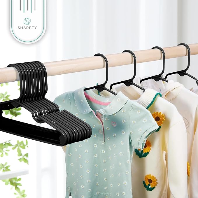 Sharpty Kids Plastic Hangers, Children's Hangers for Baby, Toddler, and Child Clothes - Everyday Standard Use - Ideal for Boys and Girls Closet, Clothing, Pants, Coats, and More - Black, 40 Pack