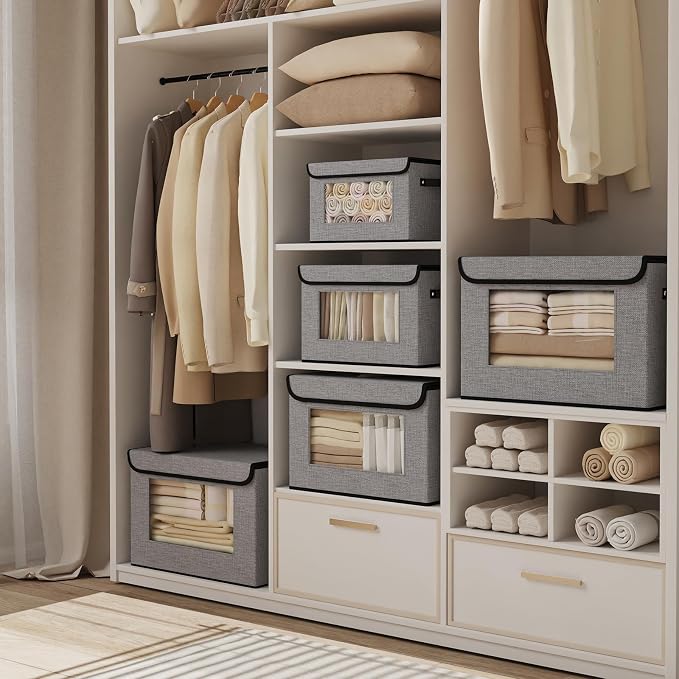 Gray Storage Baskets with Lid,Closet Bin,15x9.8x9.8in,3Pack | Fabric Storage Bin with Handles,Portable Decorative Box for Clothes,Hat, Books,Shelf Baskets,Closet Organizers for Bedroom