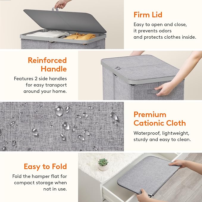 Lifewit 145L Large Laundry Basket with Lid, Laundry Hamper with Plastic Handles and Removable Bag, Foldable Tall Dirty Clothes Hampers for Laundry for Laundry Room, Bedroom, Bathroom, Dorm, Light Gray