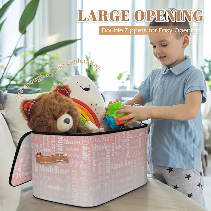 Custom Storage Basket with Name, Personalized Keepsake Box with Zipper Lid, Foldable Fabric Memory Bin Large capacity with Handle Pink White