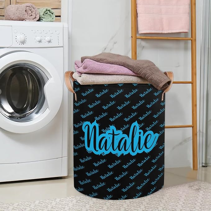 Personalized Laundry Basket, Custom Gift Laundry Hamper, Collapsible Nursery Waterproof Laundry Baskets, Dirty Clothes Toy Hamper with Handles Name Black Blue