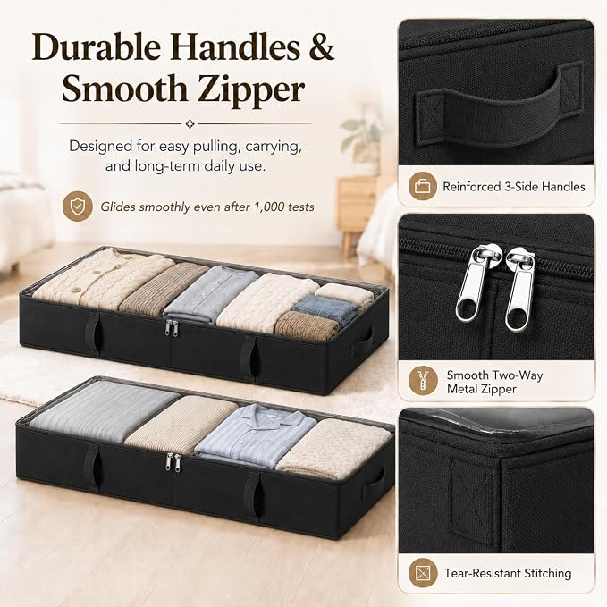 Vailando Storage Containers, 8 Inches Tall 80L Underbed Storage Bins with Sturdy Handles and Sidewalls, Closet Organizer for Clothes, Blankets, Seasonal Items, Black, 2-Pack