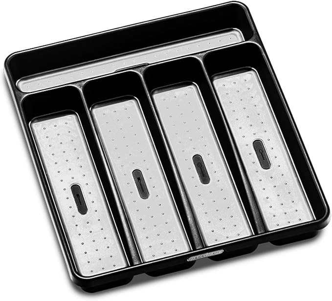 madesmart Classic 5 Compartment Silverware Tray with Soft Grip, Carbon | Standard drawer fit, nonslip feet, forks, knives, spoons, cutlery, flatware, branded icons