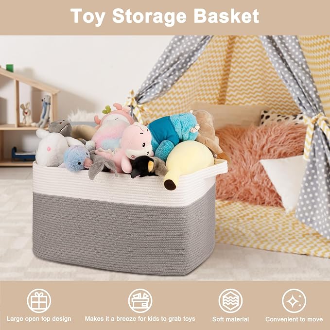 OIAHOMY Extra Large Blanket Basket, 95L Cotton Rope Woven Laundry Basket, Toy Bin for Baby Room, Container for Blanket Storage in Living Room, 24''×17''×14'', Grey & White