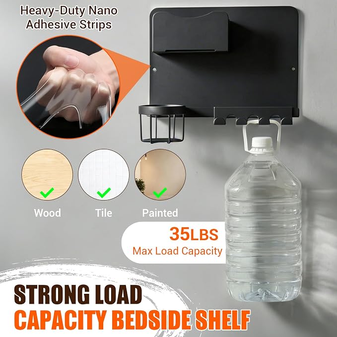 Metal Bedside Wall Shelf, Bedside Floating Shelf Wall Organizer with Detachable Cup Holder, No Drill Wall Mount for Bedroom, Dorm Room Decor, Nightstand Alternative, Bunk Bed Accessories, RV Storage