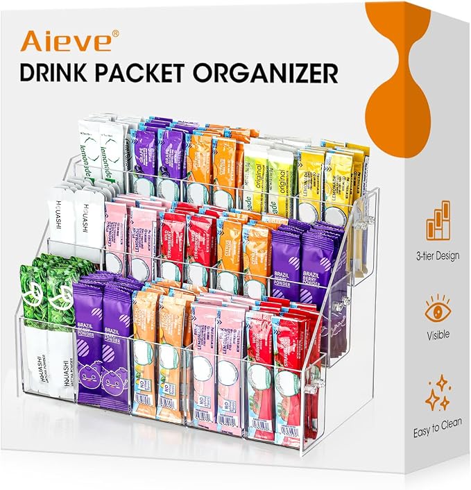 AIEVE Drink Packet Organizer with 15 Compartments, Water Packet Organizer for Water Flavor Drink Mix, Easy Assembly Acrylic Sugar Packets Holder for Cabinet Kitchen Storage Organization
