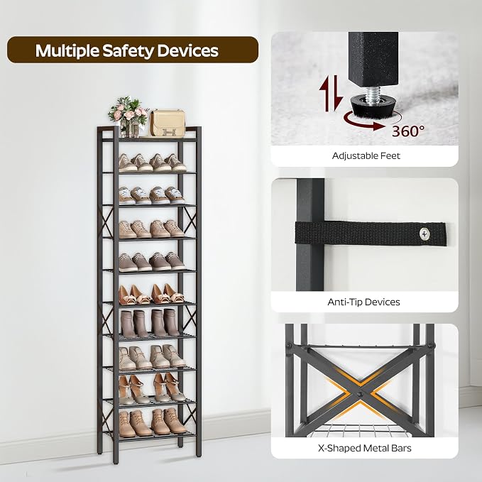 YATINEY 10-Tier Narrow Shoe Rack, Tall Shoe Rack for 10-20 Pairs, Slim Shoe Storage Organizer with Wooden Top, Space Saving, Metal Frame, for Entryway, Charcoal and Black SS68BC