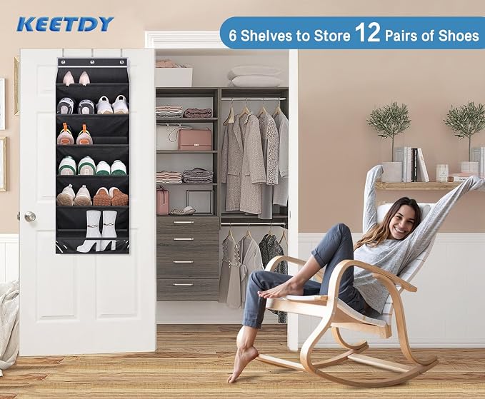 KEETDY Over the Door Shoe Organizer Fit Big Shoes Large Shoe Rack for Door Hanging Shoe Organizer for Closet Door Storage Boots, Black