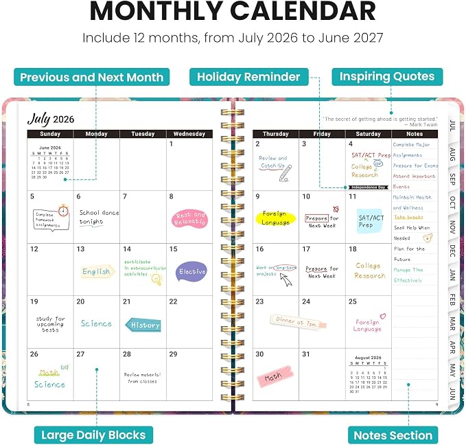 Planner 2026-2027, Hardcover Monthly and Weekly Academic Planner July 2026 - June 2027, Teacher and Student Calendar Agenda Book with Tabs, A5 (6.3" x 8.5"), Ideal for School and Office, Floral Planner, Coral Horizon