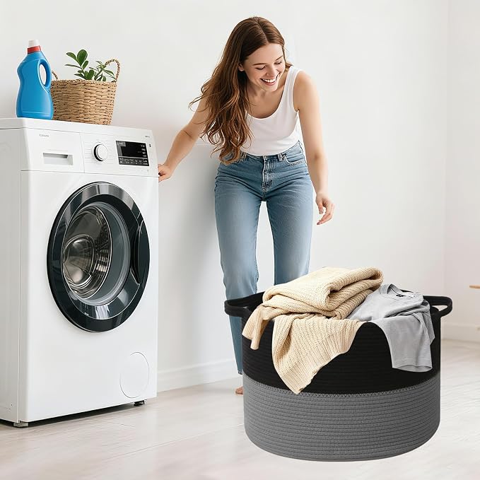 115L Large Blanket Basket,Woven Rope Laundry Basket Hamper with Handles, Decorative Nursery Basket Storage Bin for Toys, Clothes Organizer, Living Room, Bedroom, Bathroom, Black&Dark Grey