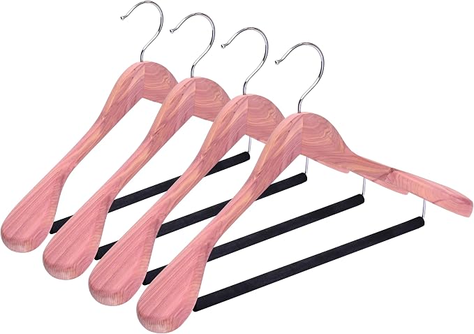 Unfinished American Red Cedar Wooden Coat Suit Hangers with Extra Wide Shoulder, Wood Jacket Clothes Hanger with Non Slip Black Padded Pant Bar- 360°Flexible Hook, Natural 4 Pack