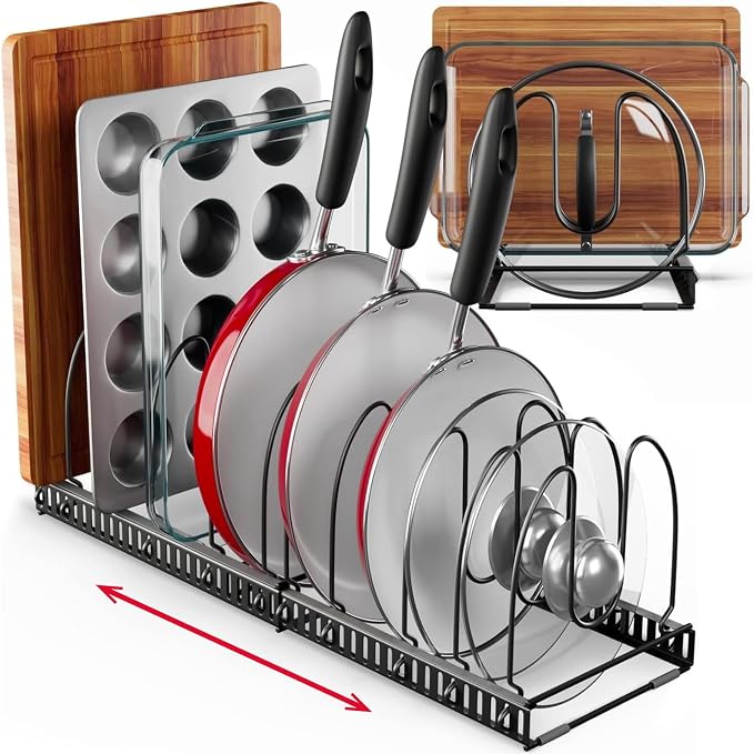 Better Things Home 7.5” Wide 12-Slot Adjustable Large Pan and Pot Lid Organizer with Scratch-Free Pads, Expandable Pot Lid Holder Rack for Cabinet, Pots and Pans Organizer Inside Cabinet