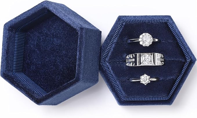WantGor Velvet Jewelry Ring Box, 3 Slots Hexagon Ring Gift Box Ring Holder | Vintage Ring Display Case for Wedding Ceremony Proposal Engagement (Navy Blue, 3 Slots)