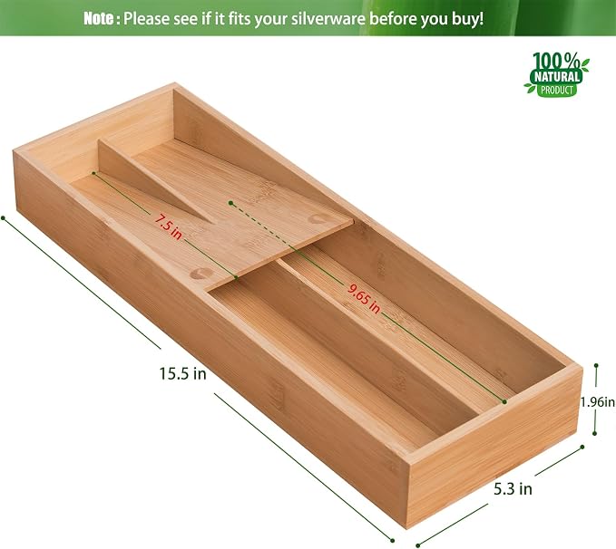 guiogc Bamboo Silverware Drawer Organizer, Kitchen Small Silverware Organizer, Utensil Tray Holder, Cutlery Tray for Spoons, Forks, Knives, Suitable for a family of 2-4