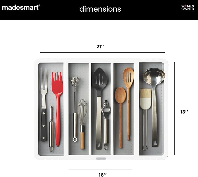 madesmart Expandable Utensil Tray-White | Classic Collection | 5-Compartments | Kitchen Organizer | Soft-Grip Lining and Non-Slip Rubber Feet | Easy to Clean | BPA-Free
