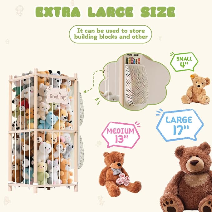 Stuffed Animal Storage & Organizer, 54 inch Tall Wooden Cute Zoo Toy Holder w/Building Block Storage Bag, Premium Wooden Material with Elastic Cord for Toddler Rooms, Playrooms (Small)