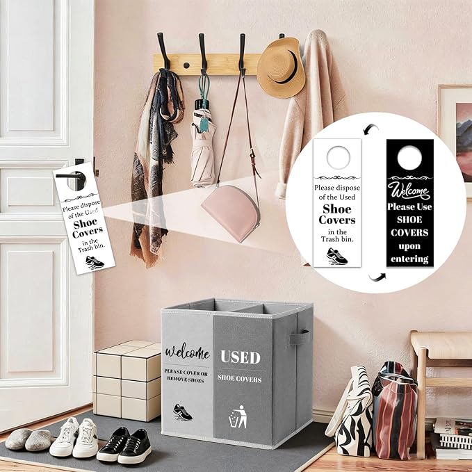 Shoe Cover Box with Door Hanging Sign – Foldable Double Compartment Storage Bin, Freestanding Dispenser Organizer for Home, Office, Entryway (White Gray)