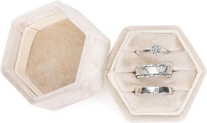 WantGor Velvet Jewelry Ring Box, 3 Slots Hexagon Ring Gift Box Vintage Ring Display Holder Case for Wedding Ceremony Proposal Engagement (Beige, 3 Slots)