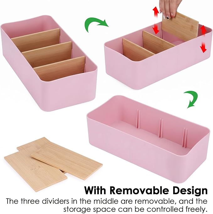 BSTKEY Seasoning Packet Organizer, Food Storage Organizer with Divided 4 Bamboo Wood Compartments, Pink Plastic Storage Caddy for Pantry Cabinet, Kitchen Organization Bin for Snacks Spice Packet